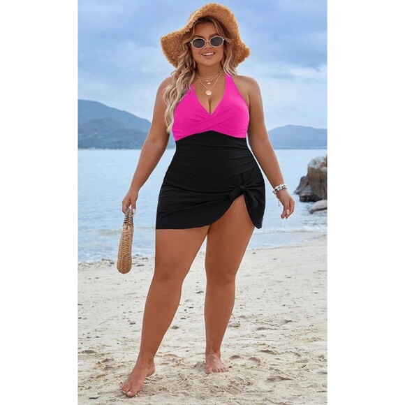 Women's Plus Size Swim Dress Tummy Control Swimsuit pink  size XXL Criss Cross - Picture 3 of 15